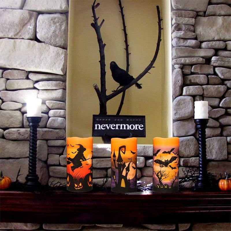 DRomance Halloween LED Flameless Pillar Candles Battery Operated with 6 Hour Timer Set of 3 Orange Wax Warm Light Flickering Witch Bats Castle Spooky Decals Halloween Decor Gifts(3 x 6 Inch) - Image 5